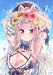 Rule 34 | 1girl, animal ears, armpits, bandaid, bandaids on nipples, bare shoulders, black hat, blue sky, blush, bow, breasts, cat ears, cherry, cleavage, cloud, commentary request, day, fang, feathered wings, fingernails, flower, food, fruit, grin, hair bow, hair flower, hair ornament, hairclip, hat, hydrangea, light brown hair, long hair, looking at viewer, medium breasts, mole, mole under eye, nail polish, nemuri nemu, original, outdoors, pasties, pink flower, pointy ears, polka dot, polka dot bow, red eyes, red flower, red nails, sky, smile, solo, very long hair, water drop, white wings, wings, yellow bow, yellow flower