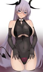 Rule 34 | 1girl, :p, alternate costume, artist request, azur lane, bad id, bad twitter id, bare shoulders, black gloves, black leotard, blue eyes, blush, breasts, cleavage, clothing cutout, collarbone, commentary request, covered navel, demon horns, demon tail, elbow gloves, glasses, gloves, gneisenau (azur lane), gneisenau (nightmarish succubus) (azur lane), halloween costume, head tilt, highres, horns, large breasts, leotard, long hair, looking at viewer, pubic tattoo, purple hair, rectangular eyewear, red-framed eyewear, rrr ato, see-through, simple background, skindentation, solo, standing, tail, tattoo, tongue, tongue out, underboob, underboob cutout, very long hair, white background