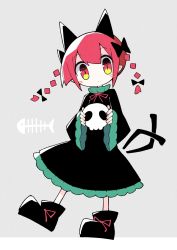 Rule 34 | 1girl, animal ears, asameshi, black bow, black dress, black footwear, blush stickers, bow, braid, cat ears, cat tail, commentary, dress, extra ears, fish skeleton, frilled sleeves, frills, full body, grey background, hair bow, highres, holding, holding skull, kaenbyou rin, long hair, long sleeves, looking at viewer, multiple tails, neck ribbon, pointy ears, red eyes, red hair, red ribbon, ribbon, shoes, simple background, skull, solo, tail, touhou, twin braids, twintails, two tails, whiskers