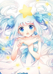 Rule 34 | 1girl, blue eyes, blue hair, dress, earrings, emia wang, highres, jewelry, long hair, matching hair/eyes, open mouth, original, ribbon, solo, star (symbol), twintails