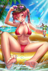 Rule 34 | 1girl, absurdres, arm up, barefoot, baseball cap, bikini, black ribbon, blue sky, blurry, blurry background, blush, breasts, chromatic aberration, collarbone, day, depth of field, eyewear on headwear, feet, full body, gold trim, hair ribbon, hat, head tilt, heart, heart necklace, highres, holding, hololive, houshou marine, houshou marine (summer), jagoo, jewelry, knee up, large breasts, legs, lens flare, long hair, looking at viewer, micro bikini, motion blur, navel, necklace, ocean, official alternate costume, on innertube, open mouth, outdoors, palm tree, parfait, purple-tinted eyewear, red bikini, red eyes, red hair, ribbon, see-through, shadow, shiny skin, sky, soles, solo, sparkle, splashing, spread legs, sunglasses, swimsuit, tinted eyewear, toe scrunch, toes, tree, twintails, virtual youtuber, water, wet, yellow eyes