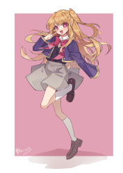 Rule 34 | 1girl, absurdres, black vest, blonde hair, blue jacket, bow, bowtie, brown footwear, collared shirt, highres, hoshino ruby, jacket, kneehighs, loafers, looking at viewer, mismatched pupils, mochizuki inochi, one side up, oshi no ko, pink bow, pink bowtie, pink eyes, school uniform, shirt, shoes, signature, smile, socks, solo, star-shaped pupils, star (symbol), star in eye, symbol-shaped pupils, symbol in eye, teeth, upper teeth only, vest, white shirt, white socks, youtou high school uniform
