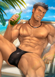 Rule 34 | 1boy, abs, alcohol, asymmetrical hair, bara, bare pectorals, beach, black hair, black male swimwear, bottle, bulge, chest hair, cloud, covered penis, day, earrings, facial hair, goatee, hairy, highres, holding, holding bottle, jewelry, large pectorals, leg hair, long sideburns, male focus, male swimwear, male underwear, male underwear peek, mature male, mondi hl, muscular, muscular male, navel, necklace, nipples, open clothes, open shirt, original, outdoors, pectorals, range (mondi hl), shirt, short hair, sideburns, sideburns stubble, sidecut, sitting, sky, smile, solo, stubble, teeth, thick thighs, thighs, twitter username, undercut, underwear
