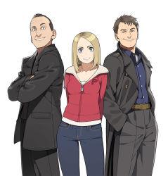 Rule 34 | 1girl, 2boys, animification, arms behind back, blazer, blue eyes, brown eyes, brown hair, clothes writing, coat, crossed arms, denim, doctor who, epaulettes, go robots, hands in pockets, highres, hood, hoodie, jack harkness, jacket, jeans, multiple boys, ninth doctor, pants, realistic, rose tyler, short hair, simple background, smile, the doctor, trench coat, white background