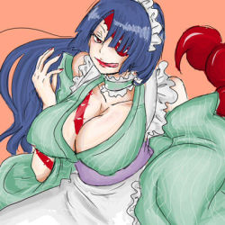 Rule 34 | 00s, 1girl, adiane, blue hair, breasts, cleavage, eyepatch, from above, huge breasts, large breasts, lowres, maid, scorpion tail, siroringo, solo, tail, tattoo, tengen toppa gurren lagann, tongue