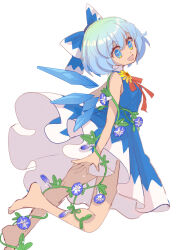 Rule 34 | 1girl, absurdres, bare shoulders, blue bow, blue eyes, blue hair, bow, cirno, detached wings, dress, flower, from side, full body, hair between eyes, hair bow, head tilt, highres, looking at viewer, looking to the side, neck ribbon, no shirt, open mouth, pinafore dress, purple flower, red ribbon, ribbon, shocho (shaojiujiu), sleeveless, sleeveless dress, solo, tanned cirno, touhou, wings