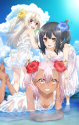 Rule 34 | 3girls, alternate hairstyle, artist request, ass, bare arms, bare legs, barefoot, black hair, blue flower, blue sky, blush, breasts, chloe von einzbern, cloud, collarbone, commentary request, cumulonimbus cloud, dark-skinned female, dark skin, day, dress, eyes visible through hair, fate/kaleid liner prisma illya, fate (series), flower, grin, hair between eyes, hair flower, hair ornament, hibiscus, illyasviel von einzbern, long hair, looking at viewer, lying, miyu edelfelt, multiple girls, no bra, ocean, official art, on stomach, open mouth, outdoors, panties, partially submerged, pink hair, red eyes, red flower, round teeth, see-through, side ponytail, sky, small breasts, smile, teeth, twintails, underwear, upper teeth only, water, wet, wet clothes, white dress, white panties, yellow eyes, yellow flower