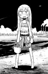 Rule 34 | 1girl, aircraft, airplane, barefoot, blurry, depth of field, full body, goggles, greyscale, hade na kangofu, highres, long hair, looking at viewer, monochrome, open mouth, sky, smoke, smokestack, solo, standing, watch, wristwatch