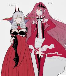 Rule 34 | 2girls, baobhan sith (fate), baobhan sith (first ascension) (fate), boots, breasts, carmilla (fate), cleavage, commentary request, curly hair, elbow gloves, fate/grand order, fate (series), fingernails, gloves, grey background, grey eyes, height difference, highres, hinamochi, large breasts, long fingernails, long hair, looking at another, multiple girls, pointy ears, purple eyes, red footwear, red gloves, red hair, sharp fingernails, silver hair, supportasse, thigh boots, thighhighs, very long fingernails, very long hair, wide sleeves, yellow eyes