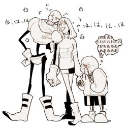 Rule 34 | &gt; &lt;, 1girl, 2boys, :d, aged up, bad id, bad twitter id, blush, boots, closed eyes, commentary request, embarrassed, frisk (undertale), gloves, greyscale, holding hands, hood, hoodie, monochrome, multiple boys, open mouth, papyrus (undertale), ryokutya1107, sans (undertale), scarf, short hair, shorts, skeleton, slippers, smile, striped, thought bubble, translated, trembling, undertale, xd