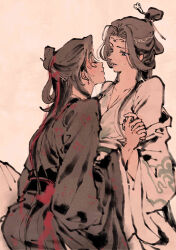 2girls absurdres black_hair black_hanfu breasts chinese_clothes chinese_hairpin cleavage closed_eyes earrings genderswap genderswap_(mtf) hair_bun half-closed_eyes hanfu highres holding_hands hua_cheng interlocked_fingers jewelry koyasuyasuko12 leaning_forward long_hair looking_at_another multiple_girls ruqun tianguan_cifu white_hanfu wide_sleeves xie_lian yuri