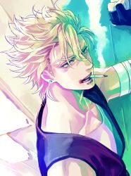 Rule 34 | 1boy, a s h e s, aqua eyes, bad id, bad pixiv id, bandages, blonde hair, bruise, caesar anthonio zeppeli, cigarette, earrings, facial mark, fingerless gloves, gloves, injury, jewelry, jojo no kimyou na bouken, looking at viewer, male focus, messy hair, portrait, solo