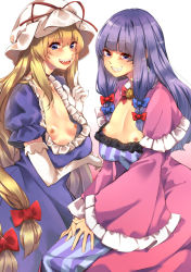 Rule 34 | 2girls, bad id, bad pixiv id, blonde hair, blue bow, blunt bangs, blush, bow, breasts, commentary request, cookie (touhou), cowboy shot, dress, dual persona, elbow gloves, frilled dress, frilled sleeves, frills, gloves, grin, hair between eyes, hair bow, hat, hat ribbon, highres, long dress, long hair, long sleeves, looking at viewer, low-tied long hair, meji aniki, mob cap, multi-tied hair, multiple girls, nipples, open mouth, patchouli knowledge, pentagram, puffy short sleeves, puffy sleeves, purple dress, purple eyes, purple hair, red bow, red ribbon, ribbon, sharp teeth, short sleeves, simple background, small breasts, smile, striped clothes, striped dress, taisa (cookie), teeth, tongue, touhou, vertical-striped clothes, vertical-striped dress, very long hair, white background, white gloves, wide sleeves, yakumo yukari