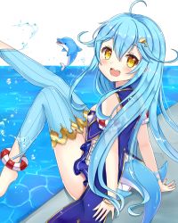 Rule 34 | 1girl, :d, ahoge, bare shoulders, barefoot, blue hair, blue legwear, blue nails, blue one-piece swimsuit, blush, cetacean tail, dolphin, dolphin girl, dolphin hair ornament, fins, fish tail, hair between eyes, iruma (shironeko project), light blue hair, long hair, nail polish, no headwear, one-piece swimsuit, open mouth, shironeko project, sitting, smile, solo, sunameri (pixiv3564245), swimsuit, tail, teeth, twitter username, upper teeth only, water, yellow eyes