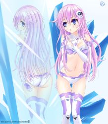 Rule 34 | 1girl, :o, artist name, ass, bare shoulders, blue eyes, blush, breasts, butt crack, cameltoe, choujigen game neptune mk2, cleavage, cleavage cutout, clothing cutout, commentary, crystal, elbow gloves, gloves, hair between eyes, hair ornament, helvetica std, highres, long hair, looking at mirror, looking back, medium breasts, mirror, navel, neptune (series), pink hair, power symbol, power symbol-shaped pupils, purple sister, reflection, revealing clothes, signature, skin tight, solo, symbol-shaped pupils, thigh gap, thighhighs, very long hair