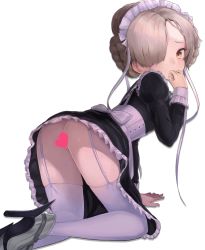 Rule 34 | 1girl, absurdres, all fours, ankle boots, apron, arm support, ass, azur lane, black dress, blonde hair, boots, bottomless, braid, bustier, censored, dress, french braid, frilled dress, frills, garter straps, hair over one eye, hair ribbon, hand to own mouth, heart, heart censor, high heel boots, high heels, highres, invisible floor, juliet sleeves, legs, long sleeves, looking back, maid, maid apron, maid headdress, armored boots, no panties, petite, puffy sleeves, ribbon, sheffield (azur lane), simple background, solo, taena, thighhighs, thighs, white background, white ribbon, white thighhighs, wrist cuffs, yellow eyes