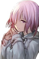 Rule 34 | 1girl, closed mouth, fate/grand order, fate (series), hair over one eye, hood, hood down, hoodie, hungry clicker, long sleeves, looking at viewer, mash kyrielight, mash kyrielight (fgo x lawson), official alternate costume, one eye covered, pink hair, purple eyes, short hair, simple background, smile, solo, upper body, white background