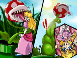 Rule 34 | !, !!, 1girl, before and after, blonde hair, blue eyes, cross-section, crown, digesting girl, digestion, drooling, helpless, imminent death, inside creature, internal view, krlitosss, licking, licking another&#039;s face, mario (series), nintendo, open mouth, outdoors, peril, piranha plant, plant, princess, princess peach, scared, sunlight, vore, warp pipe, wide-eyed
