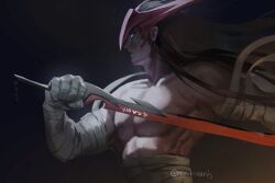 Rule 34 | 1boy, artist name, bandaged arm, bandaged hand, bandages, brown hair, closed mouth, from side, glowing, glowing eyes, highres, holding, holding sword, holding weapon, katana, league of legends, long hair, mask, moni (monikinarts), muscular, muscular male, profile, runes, solo, sword, upper body, weapon, yone (league of legends)