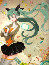 Rule 34 | 1girl, closed eyes, green hair, hands on own chest, hatsune miku, headphones, highres, hirostuart, long hair, odds &amp; ends (vocaloid), project diva (series), project diva f, skirt, solo, thighhighs, twintails, very long hair, vocaloid