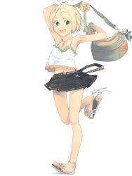 Rule 34 | 1girl, akinbo (hyouka fuyou), bag, beamed quavers, blonde hair, blue eyes, camisole, feet, hair ornament, hairclip, handbag, jewelry, kagamine rin, charm (object), legs, miniskirt, musical note, nail polish, necklace, quaver, sandals, short hair, skirt, solo, toes, vocaloid