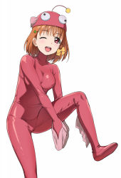Rule 34 | 1girl, a1 (initial-g), anglerfish costume, bodysuit, braid, clover hair ornament, cosplay, fish costume, fish hat, girls und panzer, hair ornament, looking at viewer, love live!, love live! sunshine!!, one eye closed, open mouth, orange hair, pink bodysuit, red eyes, ribbon, round teeth, short hair, side braid, simple background, solo, standing, standing on one leg, takami chika, teeth, upper teeth only, white background, yellow ribbon