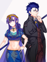 Rule 34 | &gt;:(, 1boy, 1girl, aged down, black jacket, blue eyes, blue hair, blue neckwear, blue skirt, blush, breasts, brown jacket, brown pants, circlet, closed mouth, coat, collarbone, crop top, fate/grand order, fate/stay night, fate (series), frown, hair between eyes, hand in pocket, hand on own hip, hand on own chin, hand up, holding, holding staff, jacket, jewelry, long hair, long sleeves, looking at viewer, looking down, matou sakura, matou zouken, medium breasts, navel, necklace, necktie, open clothes, open coat, pants, parvati (fate), puffy short sleeves, puffy sleeves, purple eyes, purple hair, see-through, short sleeves, skirt, smile, staff, star (symbol), star in eye, stomach, sweat, symbol in eye, tareme, two-tone background, v-shaped eyebrows, wavy hair, white background, wing collar, ycco (estrella)