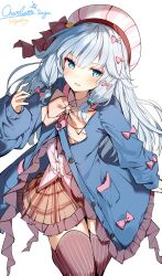 Rule 34 | 1girl, absurdres, black thighhighs, blue eyes, blue hair, blue jacket, blush, character name, charlotte suzu, checkered clothes, checkered skirt, darjeeling (reley), frilled jacket, frills, hair ribbon, hat, highres, jacket, long hair, looking at viewer, parted lips, pink hat, pink ribbon, production kawaii, ribbon, second-party source, simple background, skirt, solo, thighhighs, virtual youtuber, white background