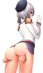 Rule 34 | 10s, 1girl, absurdres, ass, ass grab, bare legs, beret, blue eyes, blush, boruhis, breasts, deep skin, epaulettes, frilled sleeves, frills, from behind, gloves, hat, highres, impossible clothes, kantai collection, kashima (kancolle), large breasts, looking back, looking down, military, military uniform, miniskirt, panties, pleated skirt, red panties, short twintails, sidelocks, silver hair, simple background, skirt, solo focus, thighs, twintails, underwear, uniform, upskirt, wavy hair, white background