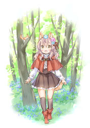 Rule 34 | 1girl, :d, animal, animal ear fluff, animal ears, animal on head, bird, bird on head, black skirt, black socks, blue flower, bluebird, blush, boots, brown eyes, capelet, center frills, commentary request, fang, flower, forest, frilled skirt, frills, hair between eyes, hair flower, hair ornament, hair ribbon, hood, hood down, hooded capelet, kneehighs, long sleeves, nature, on head, open mouth, original, pink flower, pink hair, pleated skirt, red capelet, red footwear, red ribbon, ribbon, shirt, skirt, sleeves past wrists, smile, socks, solo, spring (season), squirrel, standing, tail, tree, wataame27, white shirt, wolf-chan (wataame27), wolf ears, wolf girl, wolf tail