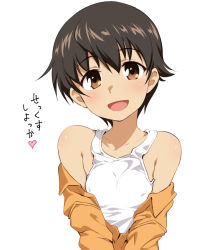 Rule 34 | 1girl, bad id, bad twitter id, black hair, breasts, brown eyes, clothes pull, female focus, funnyari, girls und panzer, nakajima (girls und panzer), off shoulder, open mouth, short hair, simple background, small breasts, smile, solo, tomboy, white background