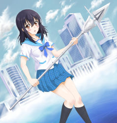 Rule 34 | 10s, 1girl, black hair, black legwear, blue ribbon, blush, brown eyes, building, buttons, cloud, cloudy sky, collarbone, day, dutch angle, fog, hair between eyes, himeragi yukina, holding, holding weapon, koishi (pxvtake), looking at viewer, outdoors, parted lips, plaid, plaid skirt, pleated skirt, polearm, ribbon, school uniform, serafuku, short hair, skirt, sky, skyscraper, solo, spear, standing, strike the blood, weapon