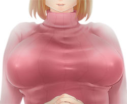 Rule 34 | 1girl, breast focus, breasts, brown hair, close-up, head out of frame, highres, large breasts, light smile, lips, own hands together, ribbed sweater, short hair, simple background, solo, sweater, upper body, white background, yumiya