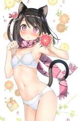 Rule 34 | 1girl, :o, animal ears, armpits, bare shoulders, blush, bow, bow bra, bow panties, bra, breasts, cat ears, cat girl, cat tail, food, fruit, fruit background, fruit hair ornament, grapefruit, hair ornament, hair scrunchie, highres, holding, holding food, holding fruit, kantoku, kemonomimi mode, legs together, looking at viewer, navel, original, panties, paw pose, plaid, plaid scarf, scarf, scrunchie, shizuku (kantoku), short hair, side ponytail, sidelocks, simple background, small breasts, solo, stomach, tail, thighs, underwear, white background, white bra, white panties