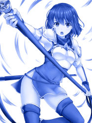 Rule 34 | 1girl, :o, armor, armpits, belt, blue theme, blush, breastplate, catria (fire emblem), covered navel, elbow gloves, fingerless gloves, fire emblem, fire emblem: mystery of the emblem, fire emblem heroes, gloves, gluteal fold, headband, highres, holding, holding weapon, inanaki shiki, looking at viewer, monochrome, nintendo, open mouth, pegasus knight uniform (fire emblem), polearm, scabbard, sheath, sheathed, short hair, shoulder armor, side slit, solo, sword, sword behind back, thighhighs, two-handed, v-shaped eyebrows, weapon