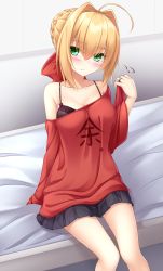 Rule 34 | 10s, 1girl, ahoge, bare shoulders, bed, black bra, black skirt, blonde hair, blush, bow, bra, braid, breasts, cleavage, closed mouth, clothes writing, collarbone, fate/extra, fate (series), flying sweatdrops, green eyes, hair between eyes, hair bow, hair bun, hair intakes, hand in own hair, head tilt, highres, jewelry, lace, lace-trimmed bra, lace trim, long sleeves, medium breasts, nero claudius (fate), nero claudius (fate) (all), nero claudius (fate/extra), off-shoulder shirt, off shoulder, on bed, pleated skirt, red bow, red shirt, ring, shirt, sidelocks, single hair bun, sitting, skirt, sleeves past wrists, solo, underwear, wide sleeves, yoye (pastel white)