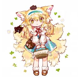 Rule 34 | 1girl, :o, animal ear fluff, animal ears, ankle socks, arknights, bag, basket, black cat, blonde hair, blue hairband, blue skirt, blush, bobby socks, brown bag, brown footwear, cardigan, cat, commentary, creature on head, crossover, fox ears, fox girl, fox tail, frilled hairband, frills, full body, green eyes, hair between eyes, hairband, handbag, heixiu, high-waist skirt, highres, holding, holding basket, kitsune, kyuubi, long hair, long sleeves, looking at viewer, luo xiaohei, luo xiaohei zhanji, mary janes, multiple tails, neck ribbon, official alternate costume, open cardigan, open clothes, parted lips, puffy long sleeves, puffy sleeves, red ribbon, ribbon, round bag, shirt, shoes, shoulder bag, simple background, skirt, sleeve cuffs, socks, suzuran (arknights), suzuran (spring praise) (arknights), symbol-only commentary, tail, vito (vito 12), white background, white cardigan, white shirt, white socks