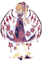 Rule 34 | 1girl, :o, alternate costume, blonde hair, blunt bangs, blush, commentary request, crystal, dress, fangs, flandre scarlet, floral print, flower, frilled dress, frilled kimono, frills, full body, geta, hair flower, hair ornament, hair ribbon, hairband, highres, japanese clothes, jitome, kimono, long hair, looking at viewer, nikorashi-ka, red kimono, red ribbon, ribbon, sandals, short hair with long locks, side ponytail, simple background, skin fangs, sleeves past fingers, sleeves past wrists, solo, striped ribbon, touhou, white background, white kimono, white ribbon, wide sleeves, wings