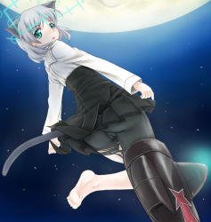 Rule 34 | 00s, 1girl, animal ears, ass, barefoot, black pantyhose, blue eyes, blush, cameltoe, feet, hirschgeweih antennas, looking back, moon, night, pantyhose, sanya v. litvyak, scharfschutze, shoes, short hair, silver hair, single shoe, solo, strike witches, striker unit, tail, torn clothes, torn pantyhose, world witches series