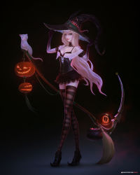 Rule 34 | 1girl, absurdres, blonde hair, bra, breasts, broom, candy, cleavage, fanfoxy, food, green eyes, halloween, hat, highres, holding, holding clothes, holding hat, jack-o&#039;-lantern, lace, lace bra, long hair, looking at viewer, medium breasts, miniskirt, original, pumpkin, red lips, scythe, skirt, thighhighs, underwear, weapon, witch, witch hat