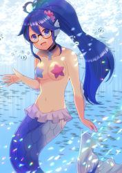 Rule 34 | 1girl, :d, ahoge, air bubble, animal, bare arms, bare shoulders, black-framed eyewear, black choker, blue eyes, blue hair, breasts, bubble, choker, collarbone, commentary request, commission, day, fins, fish, glasses, groin, hair between eyes, head fins, kou hiyoyo, long hair, looking at viewer, medium breasts, mermaid, monster girl, navel, open mouth, original, outdoors, pasties, ponytail, school of fish, semi-rimless eyewear, skeb commission, smile, solo, star pasties, under-rim eyewear, underwater, very long hair, water