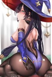 Rule 34 | 1girl, absurdres, ass, back, black hair, blush, breasts, commentary request, earrings, eyelashes, eyes visible through hair, female focus, genshin impact, hair ornament, highres, jewelry, keishi surota, looking at viewer, looking back, mona (genshin impact), pantyhose, sideboob, solo