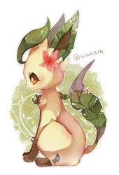 Rule 34 | :&gt;, animal focus, artist name, blush, brown sclera, closed mouth, colored sclera, creatures (company), flower, from side, full body, game freak, gen 4 pokemon, hair flower, hair ornament, leaf, leafeon, light blush, nintendo, no humans, notched ear, outline, pink flower, pokemon, pokemon (creature), shira (sirairo116), sideways mouth, signature, sitting, solo, twitter username, white eyes, white outline