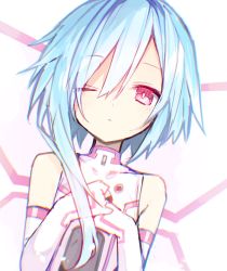 Rule 34 | 1girl, bare shoulders, blue hair, blush, buran buta, elbow gloves, expressionless, gloves, hair between eyes, hair over one eye, hands on own chest, highres, leotard, looking at viewer, medium hair, neptune (series), parted lips, pink eyes, power symbol, power symbol-shaped pupils, sidelocks, solo, symbol-shaped pupils, upper body, white gloves, white leotard, white sister rom, wings