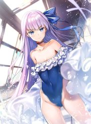 Rule 34 | 1girl, bare shoulders, blue eyes, blush, breasts, choker, collarbone, day, fate (series), hair between eyes, hair ribbon, indoors, long hair, long sleeves, looking at viewer, md5 mismatch, meltryllis, meltryllis (fate), meltryllis (swimsuit lancer) (fate), meltryllis (swimsuit lancer) (second ascension) (fate), off-shoulder one-piece swimsuit, one-piece swimsuit, purple hair, rei (rei&#039;s room), rei no pool, resolution mismatch, ribbon, sleeves past fingers, sleeves past wrists, small breasts, smile, solo, source larger, standing, swimsuit, thighs, v-shaped eyebrows, very long hair