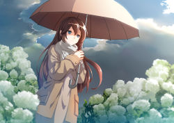 Rule 34 | 1girl, absurdres, blue eyes, blurry, blurry foreground, brown coat, brown hair, closed mouth, cloud, cloudy sky, coat, day, depth of field, dutch angle, expressionless, flower, from below, highres, holding, holding umbrella, hydrangea, lmf13007102, long hair, long sleeves, looking away, original, pocket, scarf, shirt, sky, solo, storm cloud, straight hair, sunlight, umbrella, white flower, white scarf, white shirt