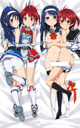 Rule 34 | 2girls, ass, bad id, bad pixiv id, bar censor, bike shorts, black legwear, blue eyes, blue hair, blush, boots, breasts, brown eyes, butt crack, censored, clothes pull, unworn clothes, dakimakura (medium), futaba aoi (vividred operation), gloves, holding hands, hat, interlocked fingers, isshiki akane, leg between thighs, long hair, looking at viewer, looking back, lying, medium breasts, mousou (mousou temporary), multiple girls, nipples, on back, open clothes, own hands together, palette suit, panties, panty pull, school uniform, short hair, short shorts, shorts, shorts pull, skirt, smile, twintails, underwear, vividred operation, white legwear, yuri