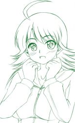 Rule 34 | 00s, 1girl, :d, blush, breasts, cleavage, clenched hands, collarbone, green theme, happy, hoshii miki, idolmaster, idolmaster (classic), idolmaster 1, jacket, long hair, long sleeves, looking at viewer, medium breasts, monochrome, open mouth, rikumoto yoshiyuki, simple background, smile, solo, tareme, upper body, white background, zipper