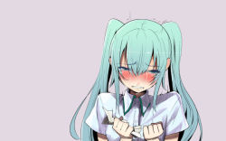 Rule 34 | 1girl, aqua eyes, aqua hair, blush, clenched teeth, crying, long hair, looking at viewer, nose blush, original, paper, solo, tears, teeth, twintails, upper body, yui 7