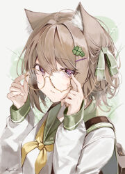 Rule 34 | 1girl, absurdres, adjusting eyewear, animal ear fluff, animal ears, breasts, briefcase, brown-framed eyewear, brown hair, clover hair ornament, commentary, four-leaf clover hair ornament, glasses, green sailor collar, grey background, hair between eyes, hair ornament, hairclip, hands up, highres, long sleeves, looking at viewer, mayogii, neckerchief, original, parted lips, puffy long sleeves, puffy sleeves, purple eyes, round eyewear, sailor collar, school briefcase, school uniform, serafuku, shirt, signature, sleeves past wrists, small breasts, solo, symbol-only commentary, upper body, white shirt, yellow neckerchief